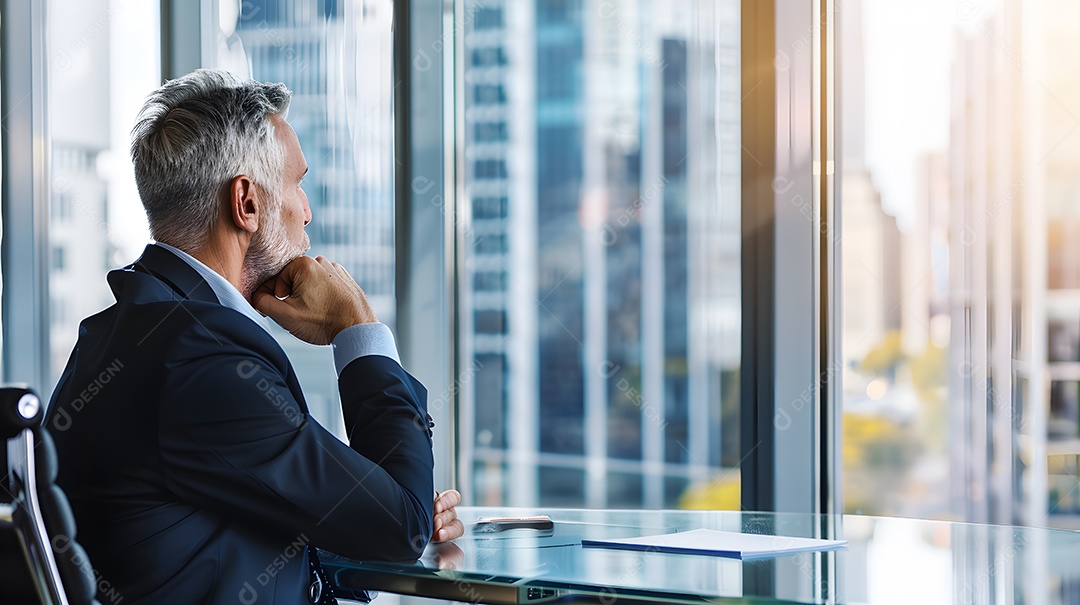 Um líder empresarial em um escritório alto, olhando para o horizonte