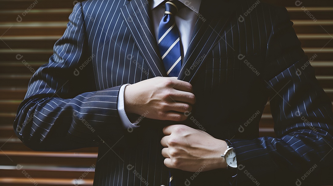 Um CEO com uma pose de poder ousada vestindo um terno risca de giz elegante