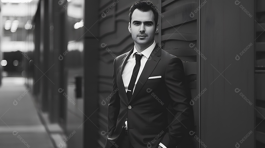 Um empresário com um terno elegante parecendo confiante e com um leve sorriso