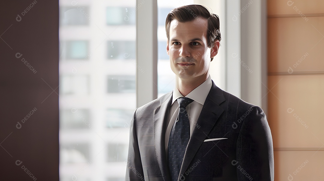 Um empresário com um terno elegante parecendo confiante e com um leve sorriso