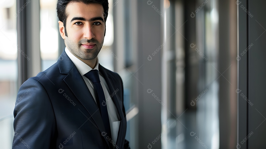 Um empresário com um terno elegante parecendo confiante e com um leve sorriso