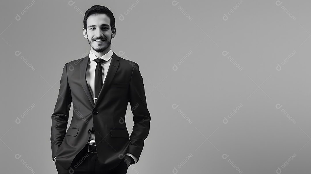 Um empresário com um terno elegante, parecendo confiante e com um leve sorriso