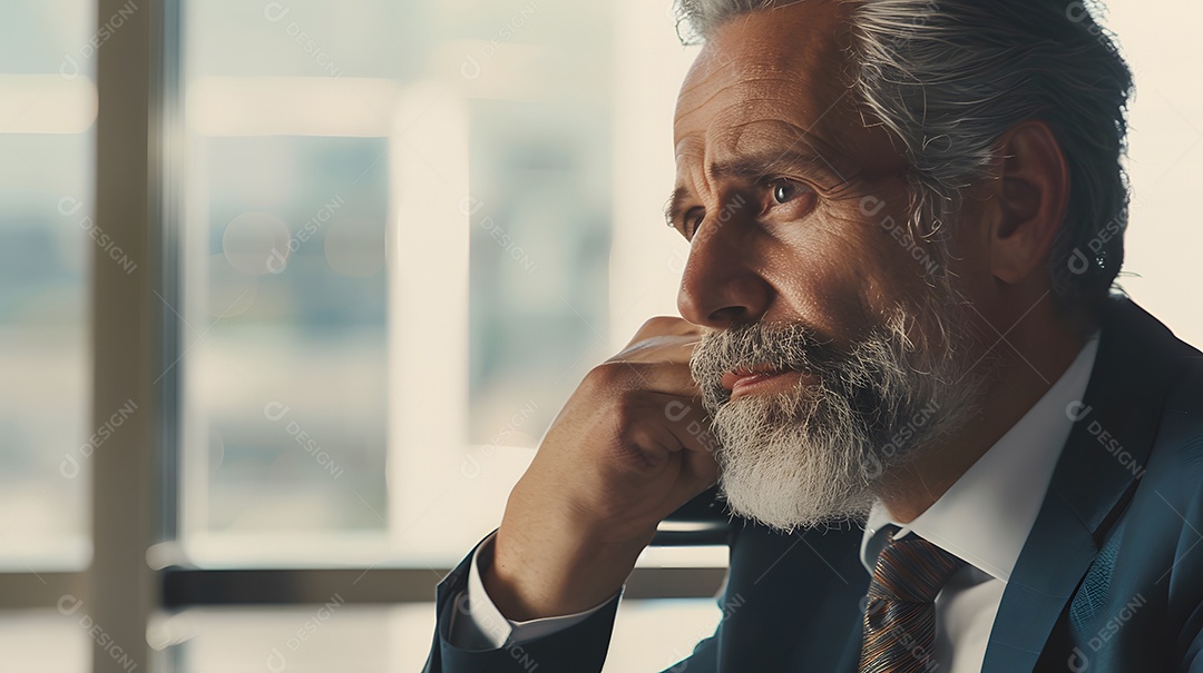 Um empresário com olhar pensativo e contemplativo