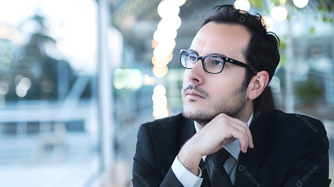 Um empresário com olhar pensativo e contemplativo