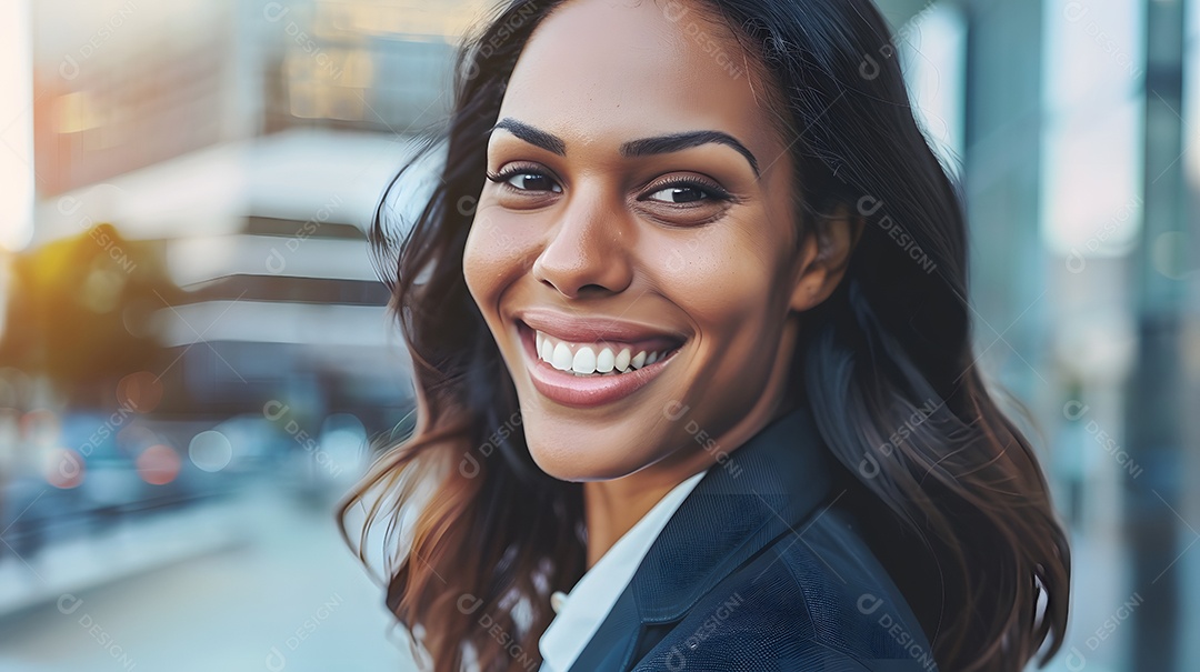 Uma mulher de negócios com um sorriso brilhante e envolvente