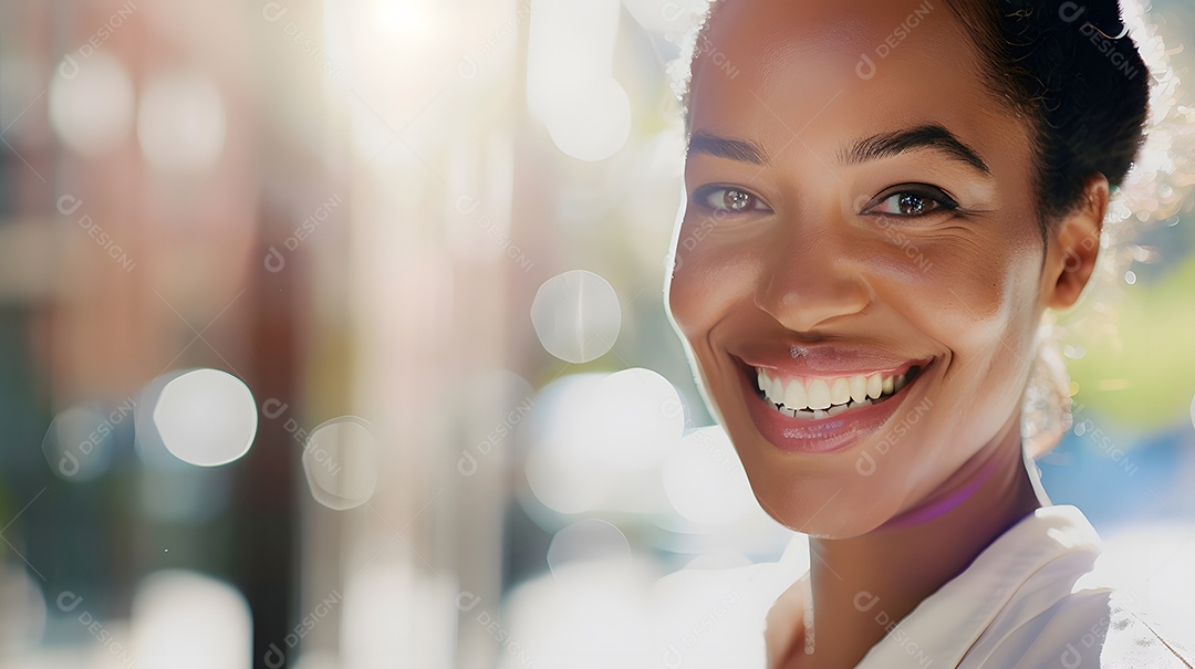 Uma mulher de negócios com um sorriso brilhante e envolvente