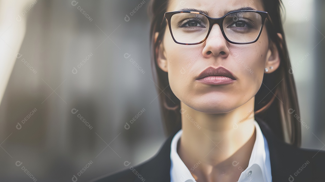 Uma empresária de óculos exalando profissionalismo e inteligência