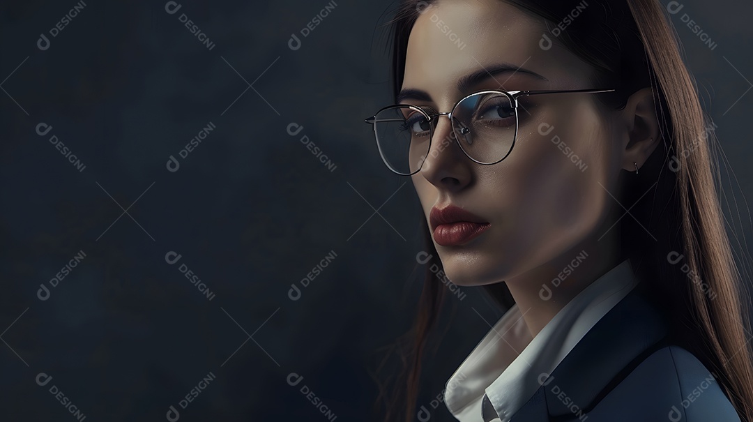 Uma empresária de óculos exalando profissionalismo e inteligência