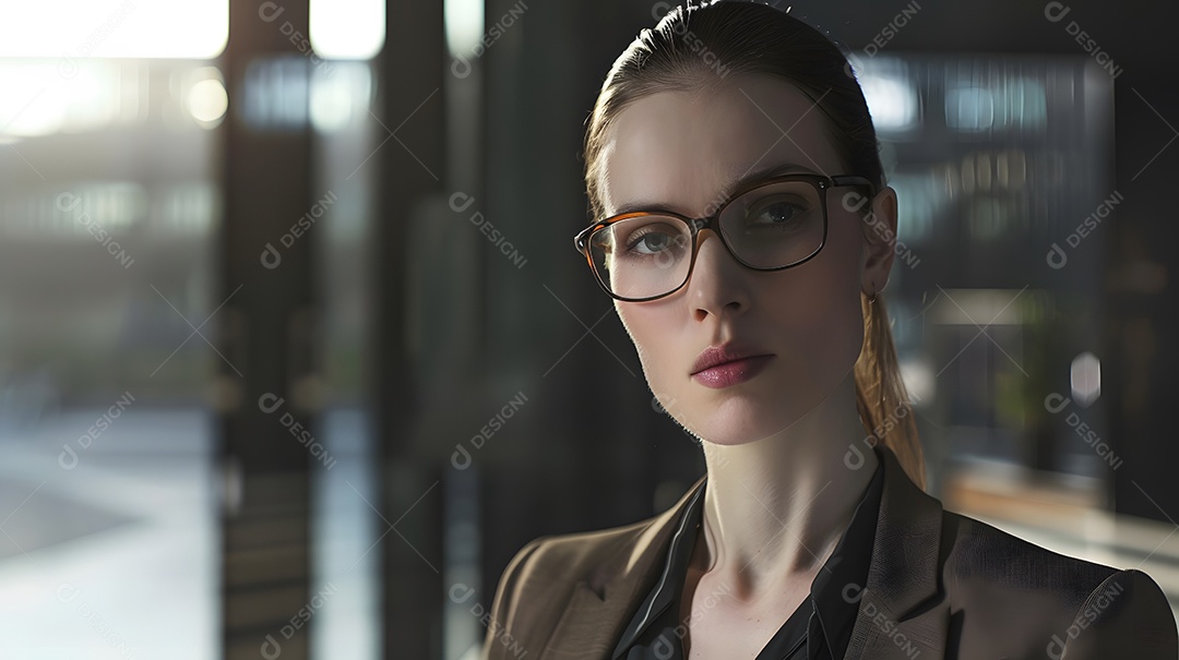 Uma empresária de óculos exalando profissionalismo e inteligência