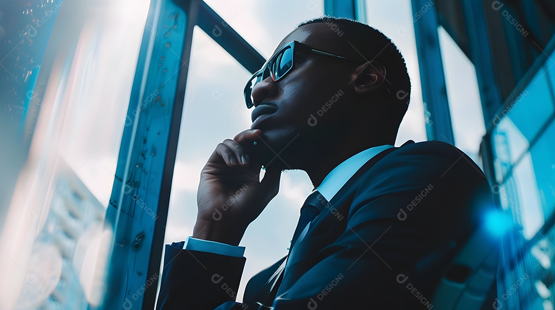 Um empreendedor de tecnologia com uma expressão visionária e com visão de futuro