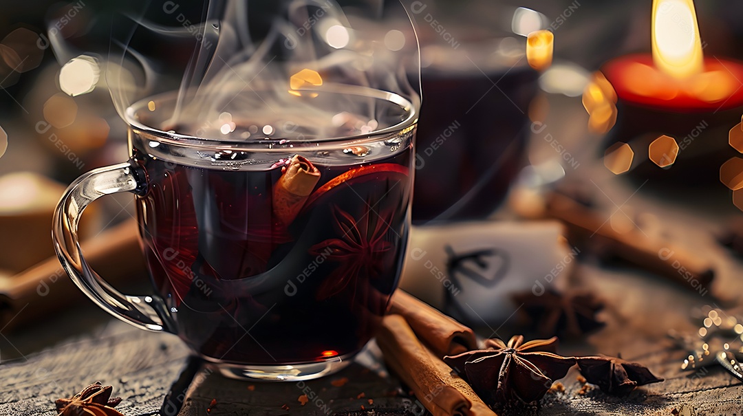 Uma xícara fumegante de vinho quente rodeada de especiarias de inverno