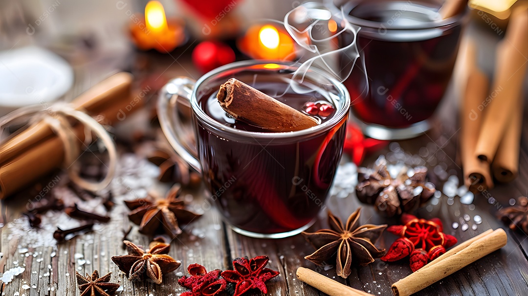 Uma xícara fumegante de vinho quente rodeada de especiarias de inverno