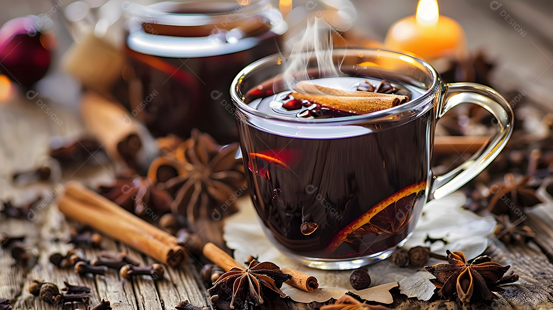 Uma xícara fumegante de vinho quente rodeada de especiarias de inverno