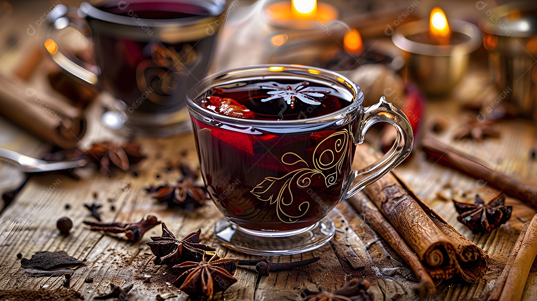Uma xícara fumegante de vinho quente rodeada de especiarias de inverno