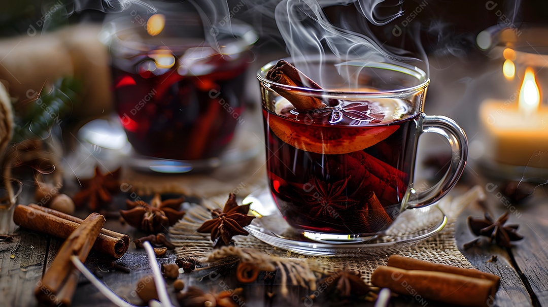 Uma xícara fumegante de vinho quente rodeada de especiarias de inverno