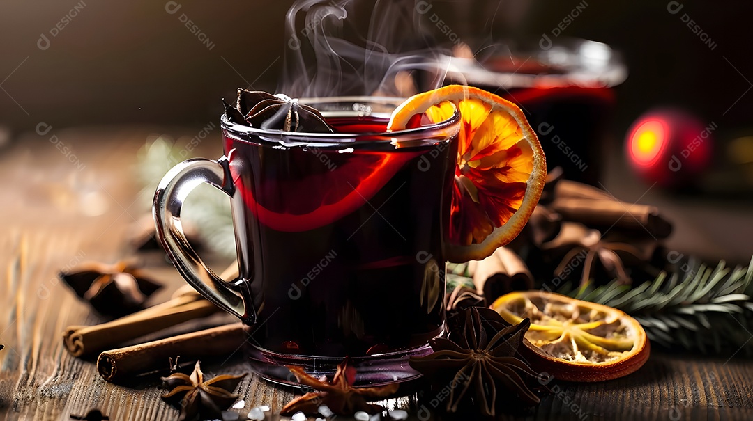 Uma xícara fumegante de vinho quente rodeada de especiarias de inverno