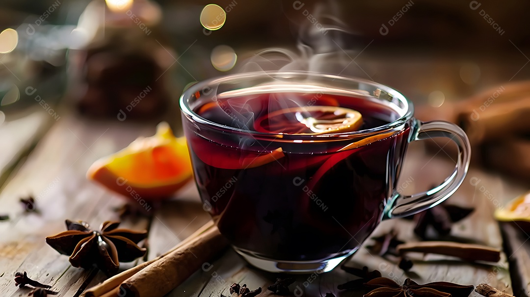 Uma xícara fumegante de vinho quente rodeada de especiarias de inverno