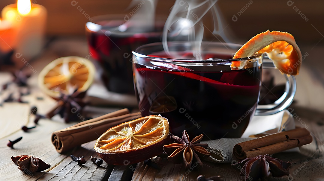 Uma xícara fumegante de vinho quente rodeada de especiarias de inverno