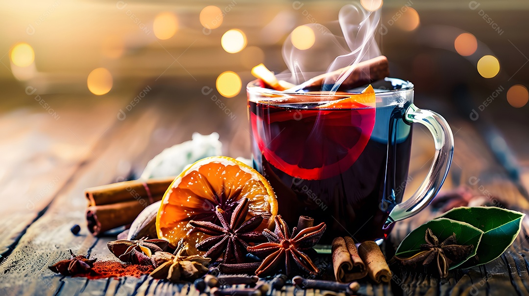 Uma xícara fumegante de vinho quente rodeada de especiarias de inverno