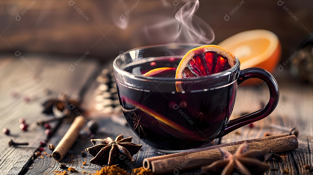 Uma xícara fumegante de vinho quente rodeada de especiarias de inverno