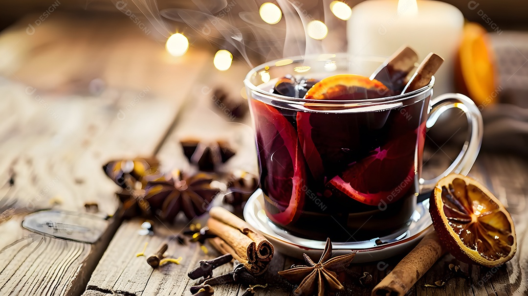 Uma xícara fumegante de vinho quente rodeada de especiarias de inverno