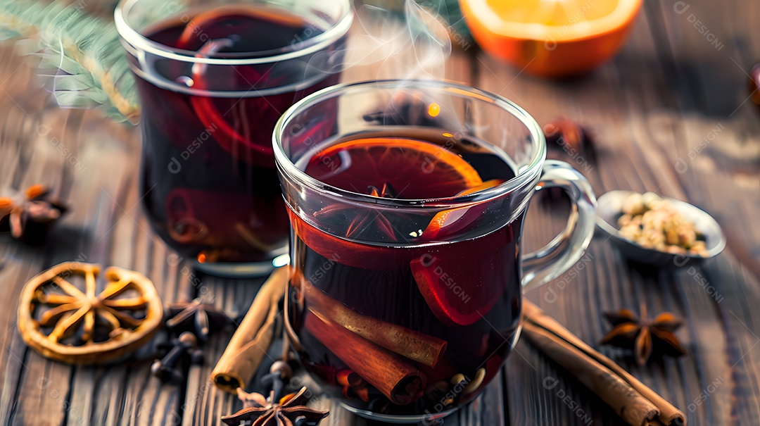 Uma xícara fumegante de vinho quente rodeada de especiarias de inverno