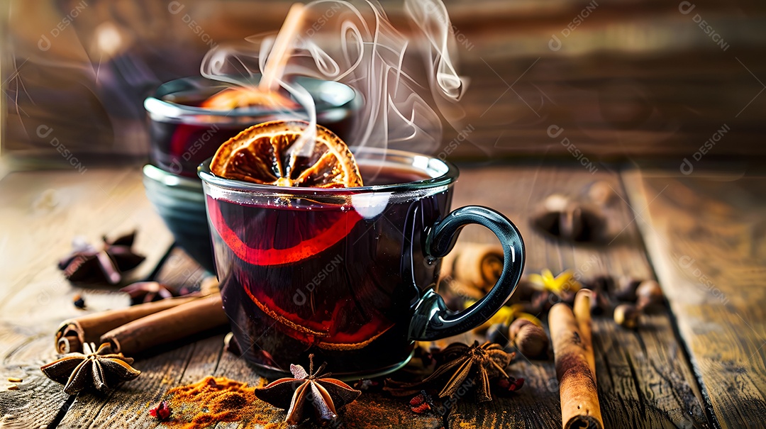 Uma xícara fumegante de vinho quente rodeada de especiarias de inverno