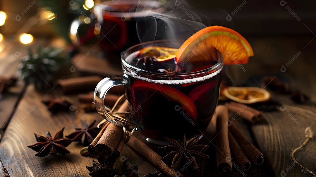 Uma xícara fumegante de vinho quente rodeada de especiarias de inverno