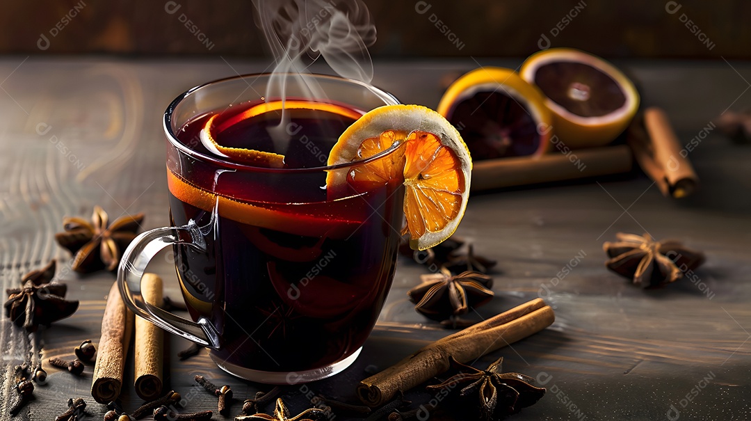 Uma xícara fumegante de vinho quente rodeada de especiarias de inverno