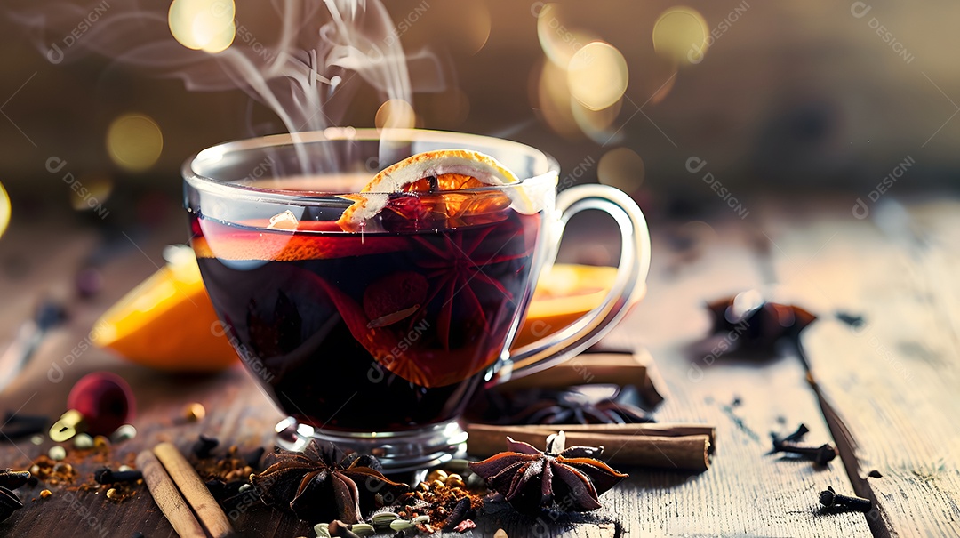 Uma xícara fumegante de vinho quente rodeada de especiarias de inverno