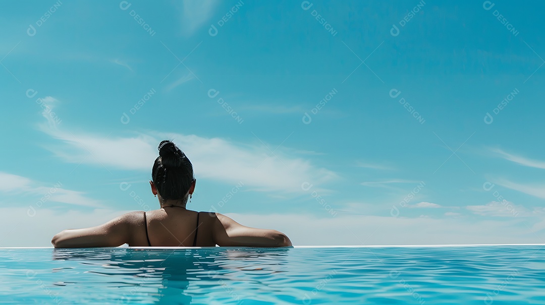 Mulher olhando para o céu azul claro de uma piscina
