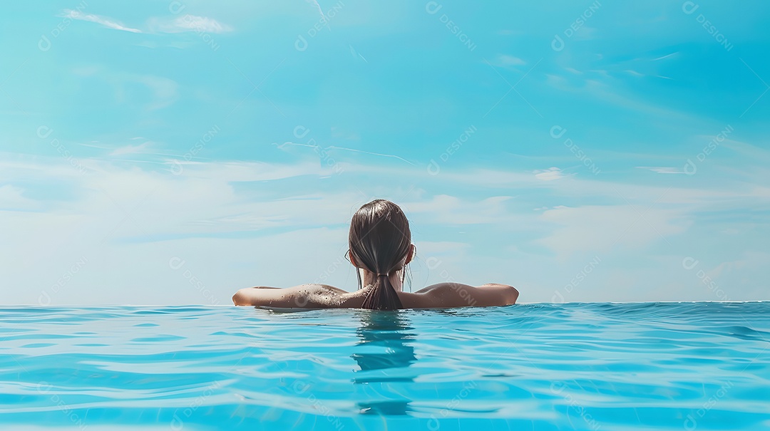 Mulher olhando para o céu azul claro de uma piscina