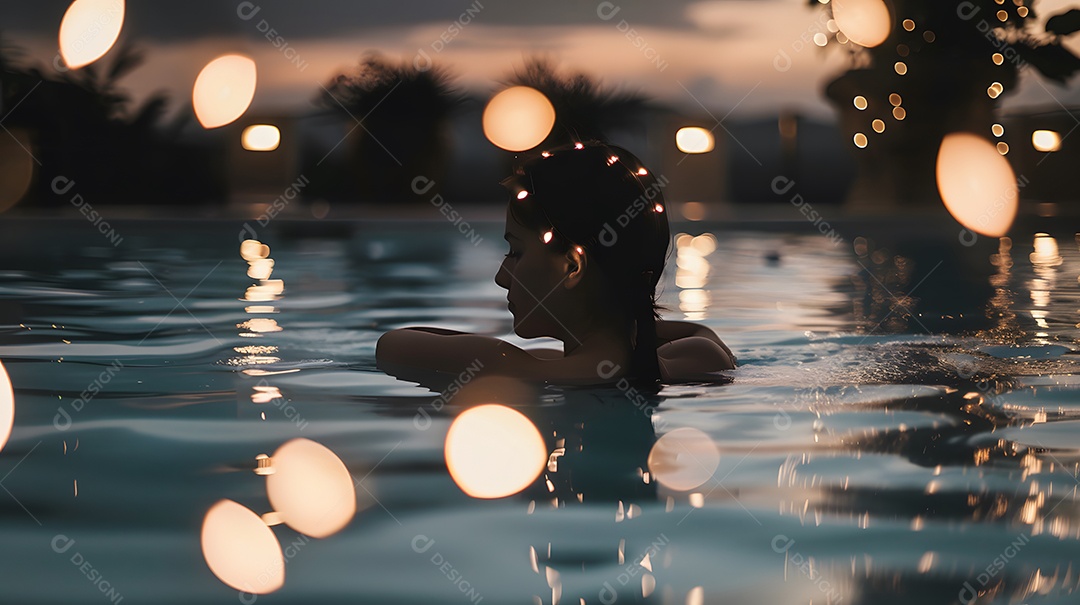 Mulher em uma piscina cercada por uma vegetação exuberante