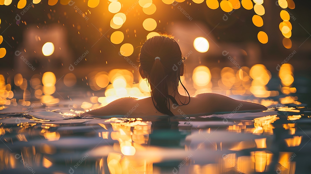 Mulher em uma piscina cercada por uma vegetação exuberante