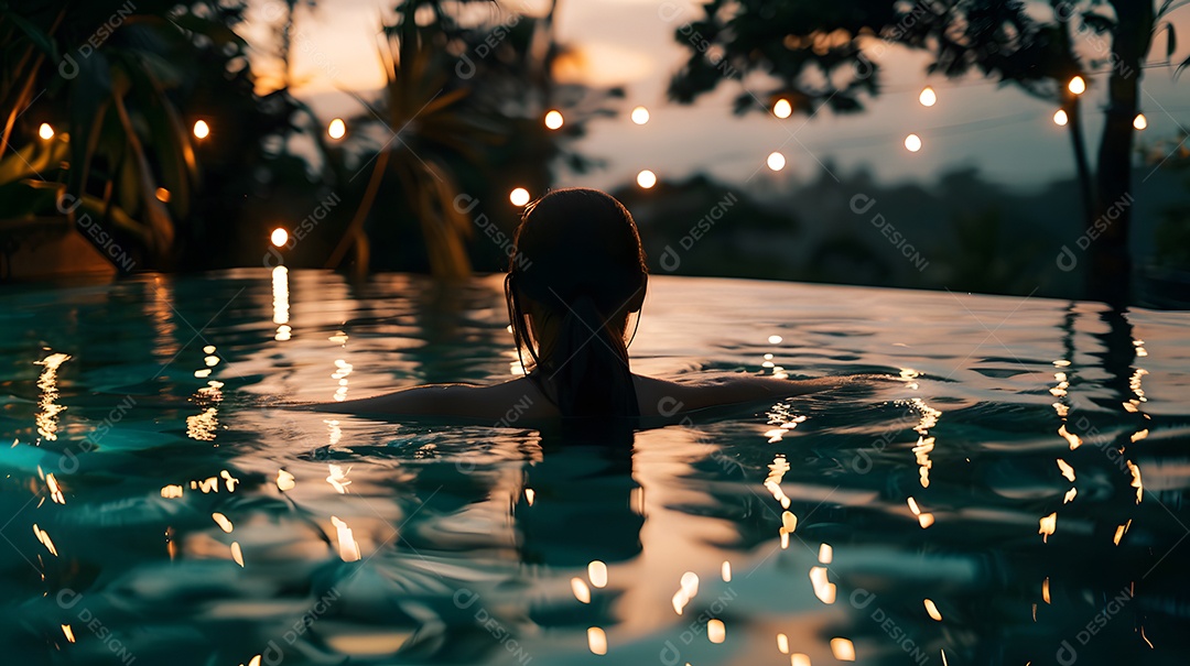 Mulher em uma piscina cercada por uma vegetação exuberante