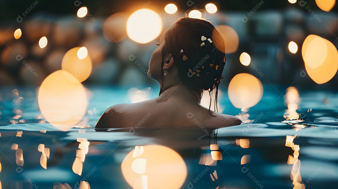 Mulher em uma piscina cercada por uma vegetação exuberante