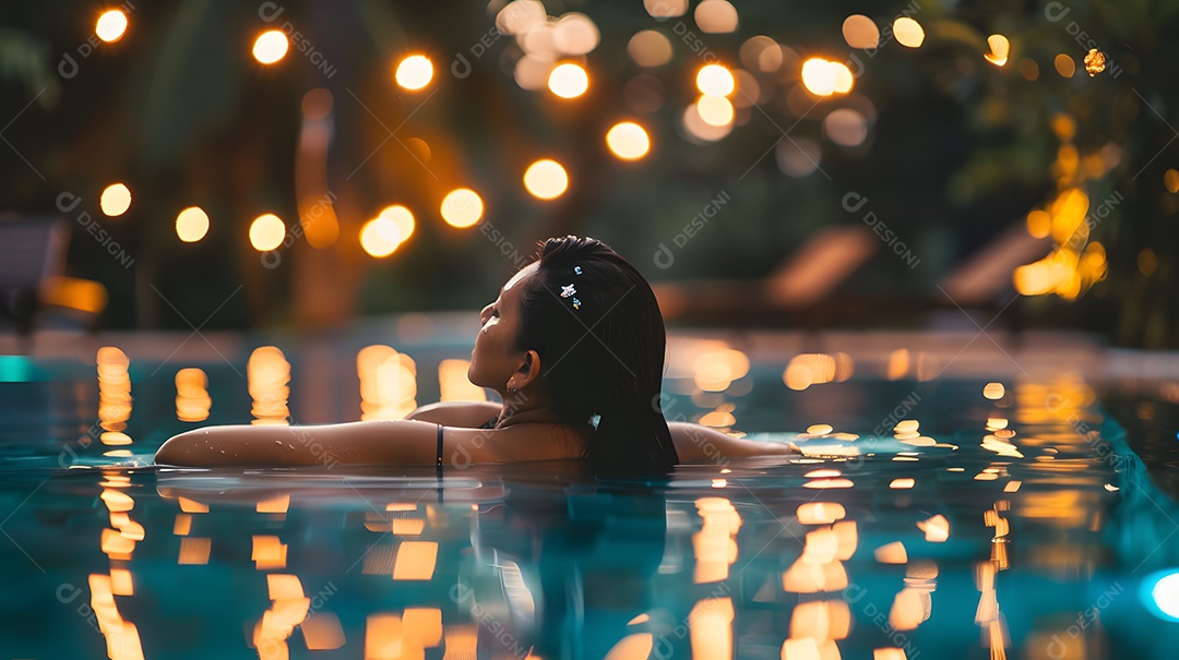 Mulher em uma piscina cercada por uma vegetação exuberante