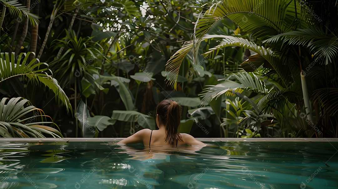 Mulher em uma piscina cercada por uma vegetação exuberante