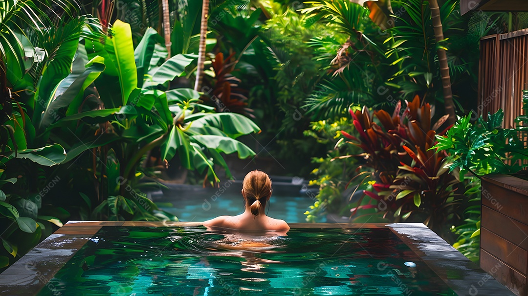 Mulher em uma piscina cercada por uma vegetação exuberante