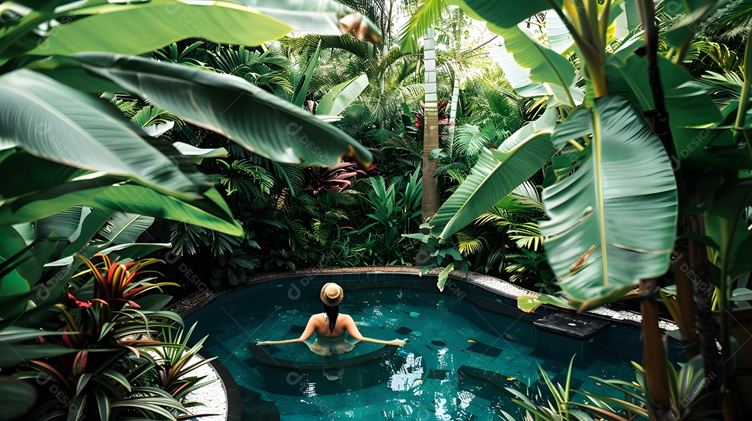 Uma mulher com chapéu de palha relaxa em uma serena piscina de jardim tropical