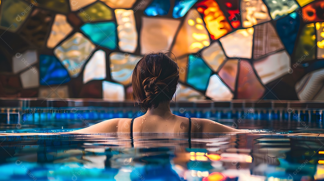 Mulher em uma piscina com mosaicos coloridos como pano de fundo