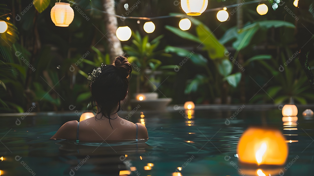 Mulher em uma pisicina com lanternas flutuantes adicionando um toque mágico
