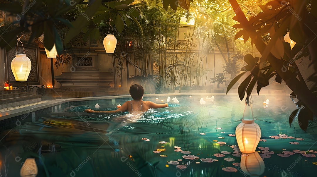 Mulher em uma piscina com lanternas flutuantes adicionando um toque mágico