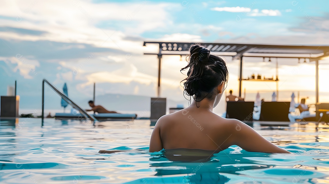 Mulher em uma piscina com um bar ao fundo
