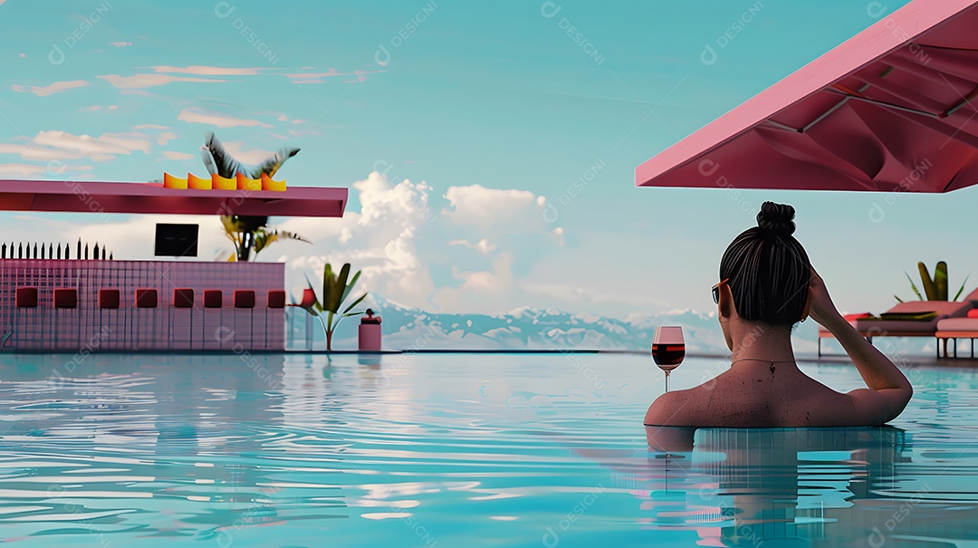 Mulher em uma piscina com um bar ao fundo