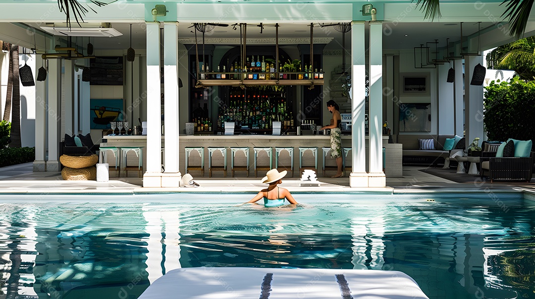 Mulher em uma piscina com um bar ao fundo