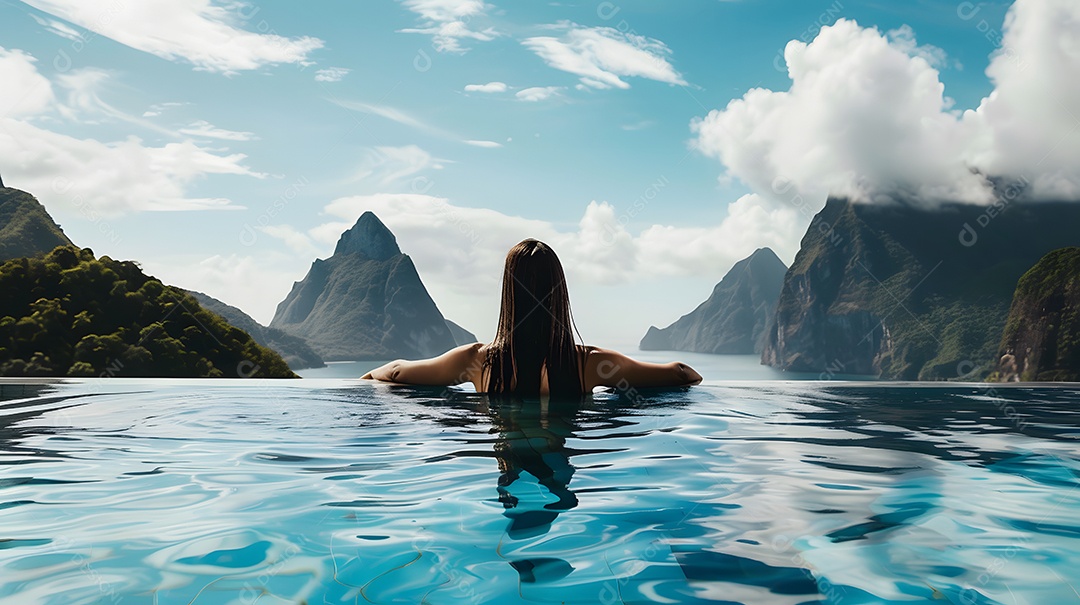 Mulher em uma piscina com uma vista deslumbrante da montanha ao fundo