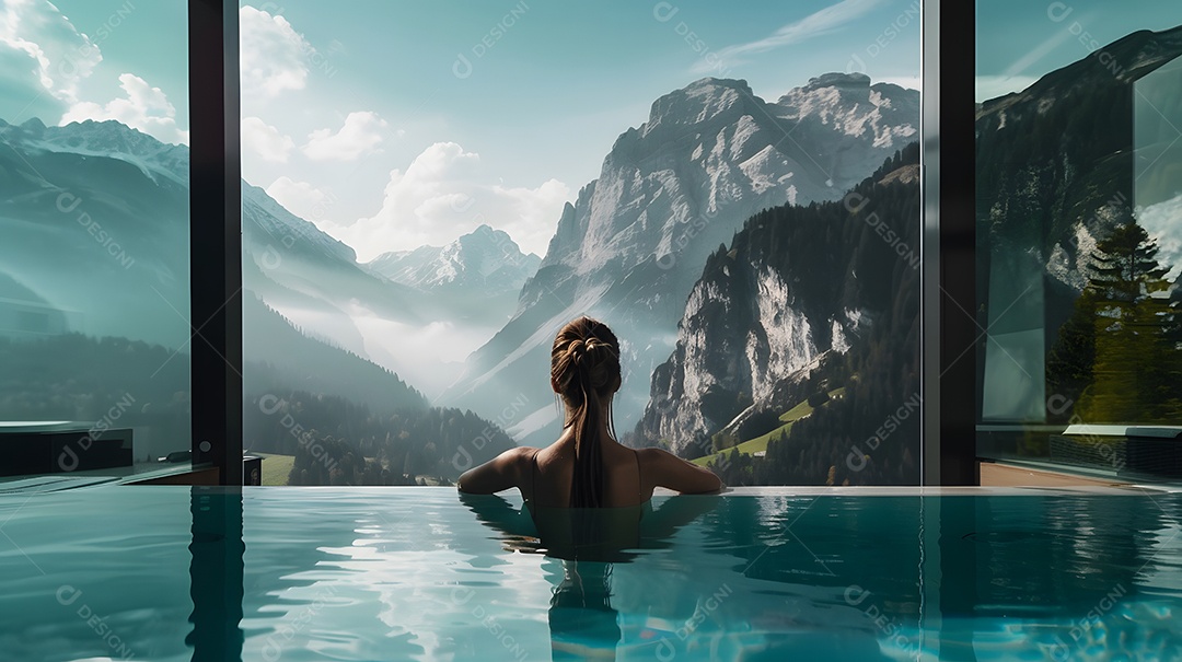Mulher em uma piscina com uma vista deslumbrante da montanha ao fundo
