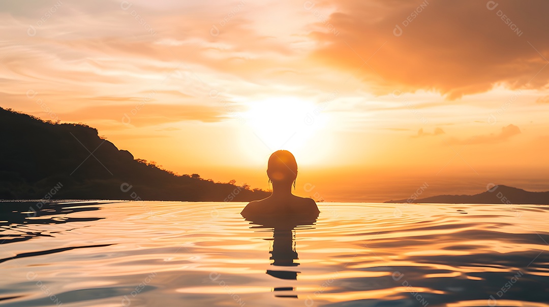 Mulher em uma piscina com um pôr do sol deslumbrante ao fundo