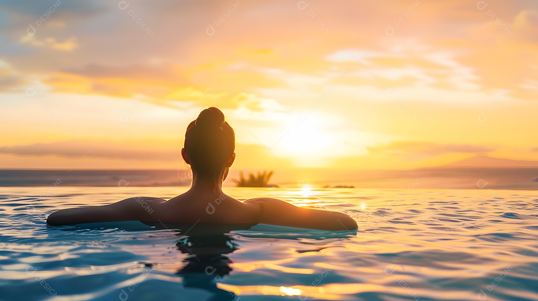 Mulher em uma piscina com um pôr do sol deslumbrante ao fundo